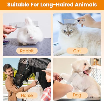 PETTOM 2Pcs Stainless Steel Dog Comb, Round Tooth Cat Comb with 2 Tooth Widths, Metal Combs for Removing Knots and Tangles, Grooming Tool for Long and Short Hair Pets, 7.5 IN Silver - style: Comb C