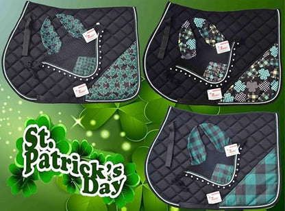 St. Patrick's Day Saddle Pad Set with Matching Ear Bonnet – Shamrock Horse Saddle Blanket & Fly Veil – Lucky Green Equestrian Set for Riding, Shows & Events