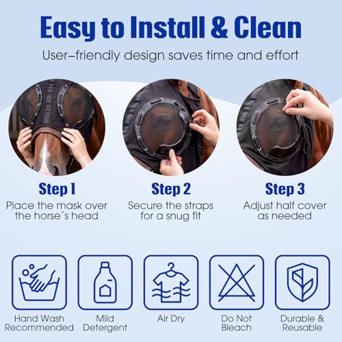 Adjustable Horse Fly Mask with Detachable Blinker, 60% UV Protection - color: Black