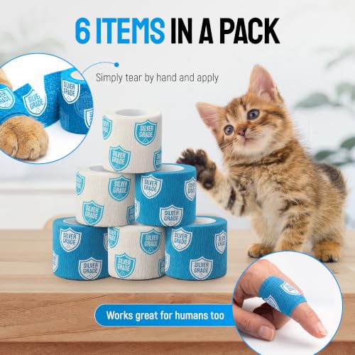 SILVER GRADE Vet Wrap for Horses, Cats, Birds & Other Animals – First Aid Dog Bandages for Wounds to Stop Licking & Scratching – 6 Rolls of Elastic Self-Adhering Bandages with Natural Rubber Latex