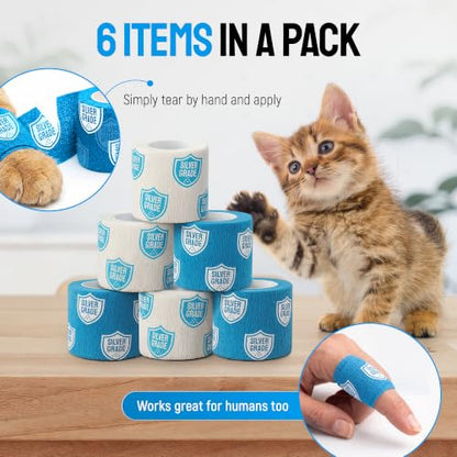 SILVER GRADE Vet Wrap for Horses, Cats, Birds & Other Animals – First Aid Dog Bandages for Wounds to Stop Licking & Scratching – 6 Rolls of Elastic Self-Adhering Bandages with Natural Rubber Latex