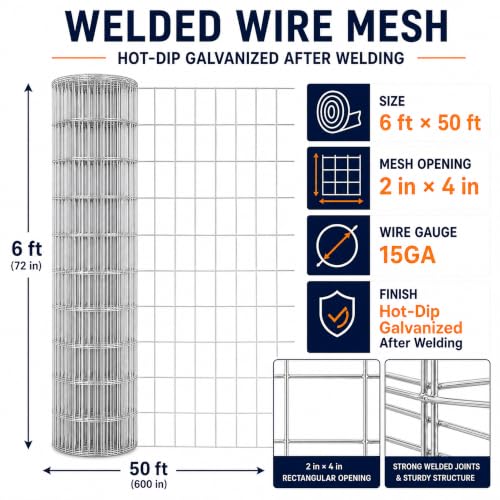Welded Wire Mesh Fence 6ft x 50ft 2"x4" 15 Gauge Galvanized Wire Fence Roll | Heavy Duty Galvanized Wire fencing Roll for Garden Dog Pen Chicken Coop Livestock & Backyard Fencing Resistant Utility Fence - size: 2×4in 6'×50'