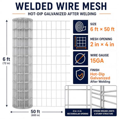 Welded Wire Mesh Fence 6ft x 50ft 2"x4" 15 Gauge Galvanized Wire Fence Roll | Heavy Duty Galvanized Wire fencing Roll for Garden Dog Pen Chicken Coop Livestock & Backyard Fencing Resistant Utility Fence - size: 2×4in 6'×50'