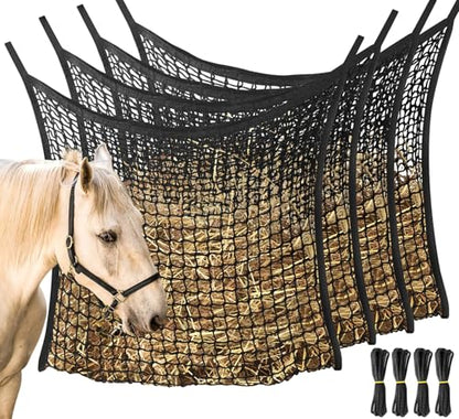 4 Pack Slow Feed Hay Net, Large Capacity Hay Bags for Horses, Easy to Hang - color: Black 4-pack