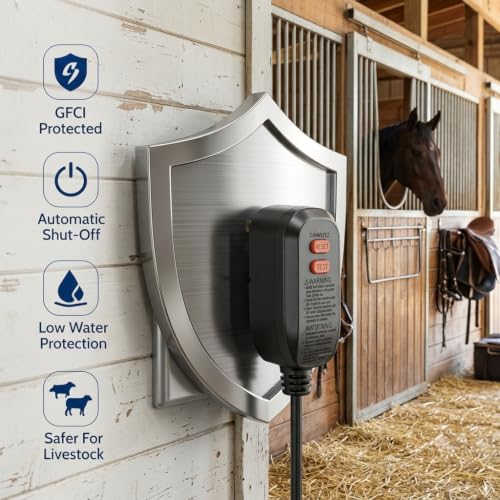 Automatic Heated Water Bucket for Horse, 4 Gallon 150W Thermostatic Livestock Waterer with Float Control, Drain Hole, Anti-Chew Metal Rim & GFCI Safety Plug for Horses, Cattle, Goat