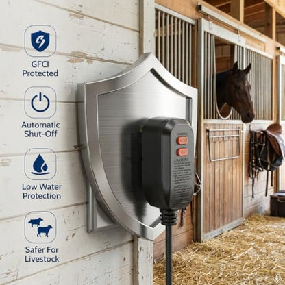 Automatic Heated Water Bucket for Horse, 4 Gallon 150W Thermostatic Livestock Waterer with Float Control, Drain Hole, Anti-Chew Metal Rim & GFCI Safety Plug for Horses, Cattle, Goat