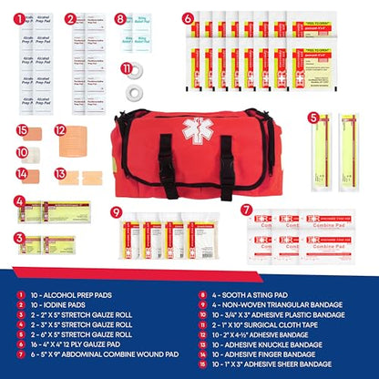 First Responder Trauma First Aid Kit Bag – Fully Stocked Emergency Medical Kit for Workplace, Vehicle & Home – OSHA & ANSI Compliant – Portable – Red - color: Red