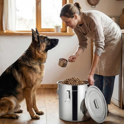 Lounsweer 2 Pack 8.9+5.5 Gal Stainless Steel Dog Food Storage Container with Lid and Locking Clamp 33L+21L Metal Airtight Container Large Stainless Steel Bucket with Food Scoop for Pet Feed - size: 21L+33L