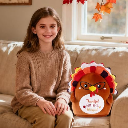 Thanksgiving Turkey Plush Toy, 12 Inch Fall Turkey Stuffed Animal with Glasses, Soft Cute Autumn Plushie Pillow Gift for Girls Boys, Thankful Grateful Blessed Decor for Table Centerpiece - style: Thanksgiving Turkey