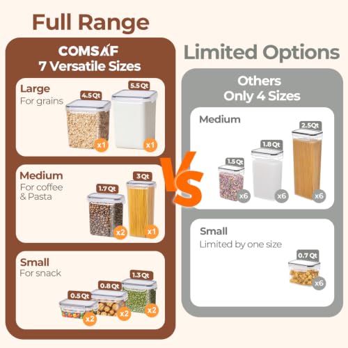 ComSaf Airtight Food Storage Containers with Lids 7size 11Pack, Stackable | Plastic Canister, Flour Sugar Cereal Pasta Rice Oats Coffee Snacks Dry Food, Pantry Kitchen, Label & Scoop, BPA-free, Clear - size: 7 Size-Rectangle