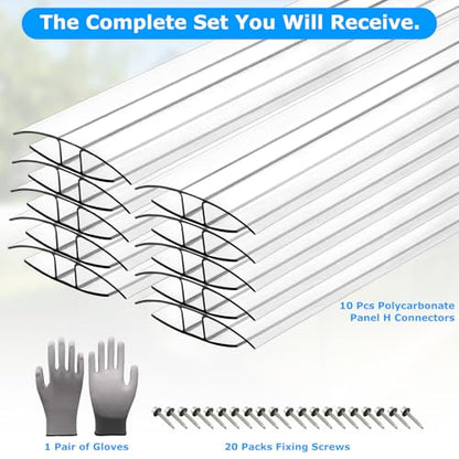 10-Pack 4ft Greenhouse Polycarbonate H-Channel Connectors, Heavy-Duty Twinwall Panel Joiners for 0.24” and 0.32” Panels, Weather Resistant Design, Includes 20 Screws and Work Gloves - size: 4' × 2.16’’ × 0.32’’