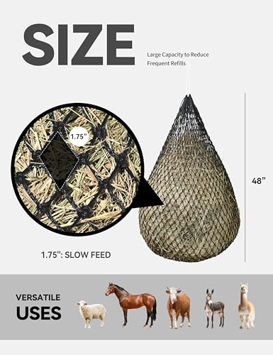 2-Pack 48’’ Length Hay Nets for Horses Slow Feed w/Drawstring Closure Hay Bags for Horses & Livestock-1.75" Black - size: 1.75"