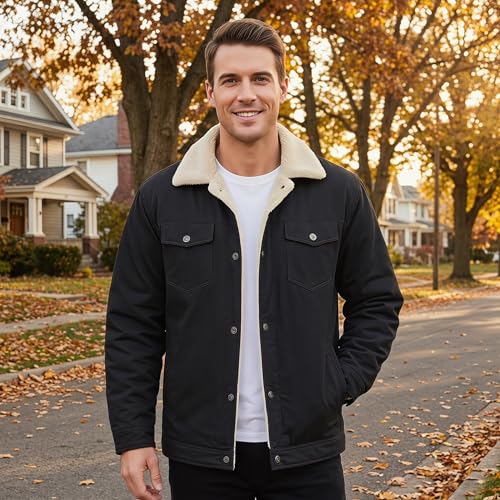 HOW'ON Men's Casual Sherpa Fleece Lined Jacket Warm Coat With Fur Collar - color: Black, size: Medium