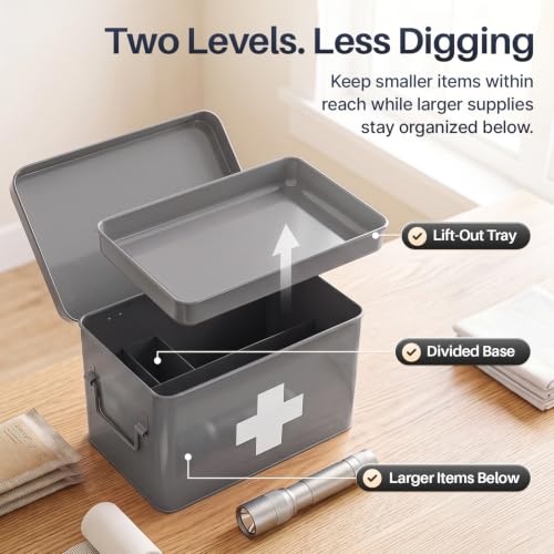 Flexzion Large Metal First Aid Box Empty, 8.5-Inch, Gray with White Cross - color: Gray, size: 8.5 Inch without Latch Lock