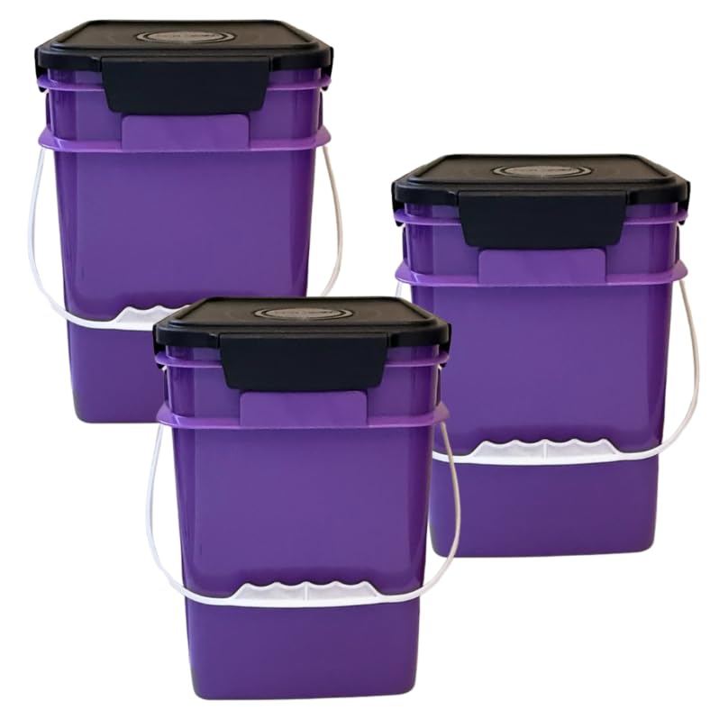 House Naturals 4 Gallon Square Food Grade Bucket Pail with Plastic Handles and Lid (Pack of 3) Made in USA containers (Purple - Black lids) - color: Purple - Black Lids