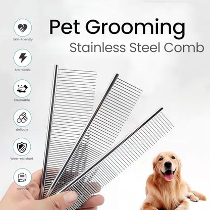 MEDUWEDU [3 Pack] Stainless Steel Pet Comb Set – Grooming Combs for Dogs & Cats, Large Medium Small Sizes – for Long, Short, Curly Hair, Detangling Matted or Knotted Undercoat Hair