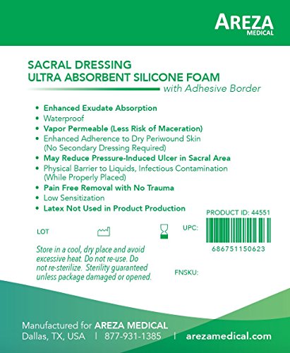 Areza Medical - Silicone Foam with Super-Absorbent Layer - Wound Dressing - Waterproof - with Adhesive Border - Sterile - Designed for Sacral Wounds - 9.2" x 9.2" - 5 PCS per Box - size: 9.2" x 9.2" - 5 PCS