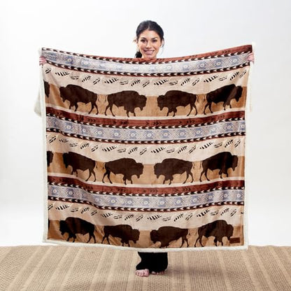 Carstens, Inc. Carstens Wrangler Buffalo Southwestern Sherpa Fleece 54x68 Throw Blanket, 54" x 68", Brown - color: Brown