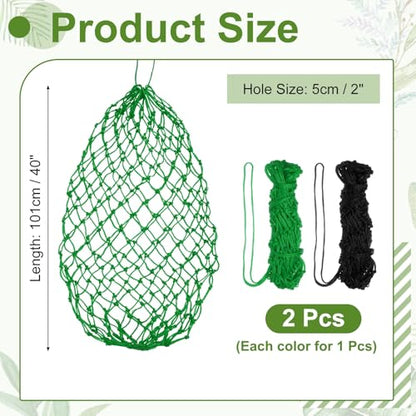 Slow Feeder Hay Net, 40" Length 2" Holes Strong Load-Bearing, Nylon Slow Feed Bag Hay Feeder, (Black/Green, 2 Pcs), Intended for Horses/Goats/Trailer/Stall - color: Black/Green
