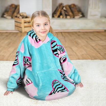 Solaris Zebra Heartfelt Kids Wearable Blanket Hoodie - Cozy Warm Sherpa Fleece Sweatshirt with Love-Themed Design, for Teens, Girls, Boys - color: Zebra Heart