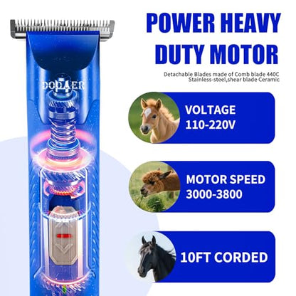 Professional Grooming Electric Corded 2-Speed Horse Clipper with Detachable Blade - Cool & Quiet Running Design - Includes Size T84 Blade for Complete Horse Grooming - Blue