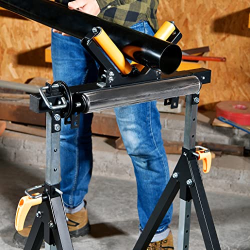 WORKESS 4 in 1 Roller Stand, Stable 440 Lbs Load Capacity with Saw Horses, V-Shaped, Multi-Directional Rollers & Outfeed Roller, Adjustable Height 33”- 50”, Folding for Woodworking