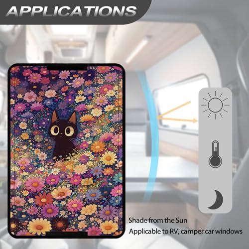 Beautiful Flower and Black Cat RV Door Windows Shade Universal V Blackout Shades Blocking Light Window Cover Anti Hot Sunproof RV Camper Trailer Accessories - color: Beautiful Flower and Black Cat