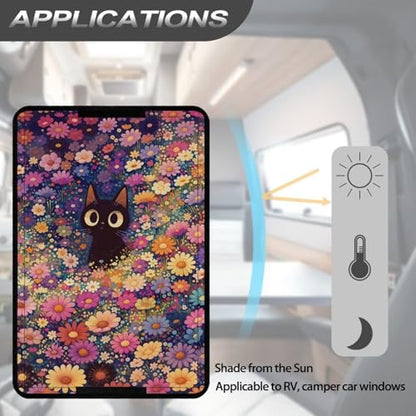 Beautiful Flower and Black Cat RV Door Windows Shade Universal V Blackout Shades Blocking Light Window Cover Anti Hot Sunproof RV Camper Trailer Accessories - color: Beautiful Flower and Black Cat
