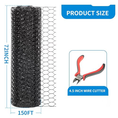 72'' x 150' Black Chicken Wire Fencing, 1 inch Chicken Wire and 19 Gauge Poultry Netting, Garden Mesh Fence Roll for Floral Arrangements/Crafts/Farm/Livestock/Pet Protection - size: 19 gauge 72'' x 150'