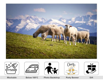 5x3ft Fabric Snow Peak Sheep Meadow Backdrop White Wool Sheep Green Hillside Bright Cloudy Sky Background Tapestry Party Alpine Grassland Decorations Photo Booth Props - size: 5x3ft