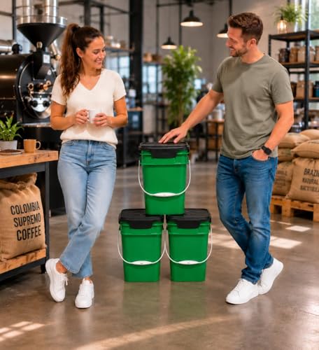 House Naturals 4 Gallon Square Food Grade Bucket Pail with Plastic Handles and Lid (Pack of 3) Made in USA containers (Green) - color: Green