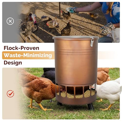 Solution4Patio 50LB No-Waste Chicken Feeder, Large Capacity Gravity Dispenser with Spill Control & 16 Feeding Ports Poultry Feeder for Outdoors & Hen Coop (Brown) - color: Brown