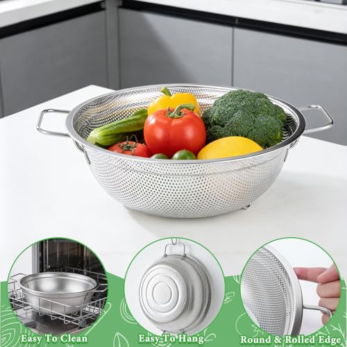 Stainless Steel Colander Set of 3, 18/8 Food Grade Steel Kitchen Strainers, 2, 3 & 5 Quart Metal Pasta Strainers with Welded Handles, Non-Slip Feet, 2.5mm Precision Holes, Dishwasher Safe - color: Stainless Steel