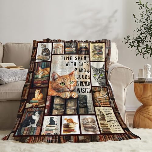 Dynova Cat Blanket Cozy Plush Book Throw Blankets Cozy Plush Cats Books Lovers Gifts Fuzzy Flannel Fleece for Women Men Girls Boys 60"X50" - color: Cat Book, size: 60"x50"