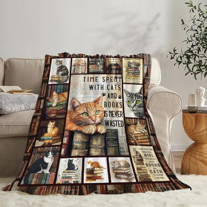 Dynova Cat Blanket Cozy Plush Book Throw Blankets Cozy Plush Cats Books Lovers Gifts Fuzzy Flannel Fleece for Women Men Girls Boys 60"X50" - color: Cat Book, size: 60"x50"