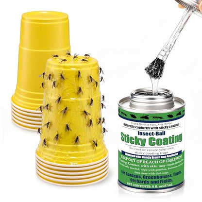 Sticky Coating Insect Trap, 8 Oz with Brush,Gnat Trap Kit | 12 Blue Plastic Cups, DIY Adhesive for Deer Flies Thrips Aphids, Reusable Barrier for Gardens Greenhouses Orchards - color: Yellow Cup