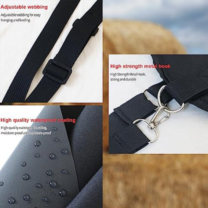 2 Pcs Hay Feeder for Goat, Nylon Goat Feeder, Slow Feed Hay Bag Less Hay Waste Tote Bag with Metal Ring and Adjustable Strap for Sheep Horses Goat and Cattle Low Feeding