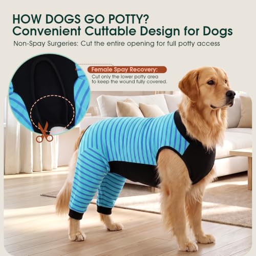 Kuoser Dog Recovery Suit with Anti Licking Rear Leg Sleeve, Blue M - color: Blue Strips, size: Medium (Back Length: 34cm / 13.38")