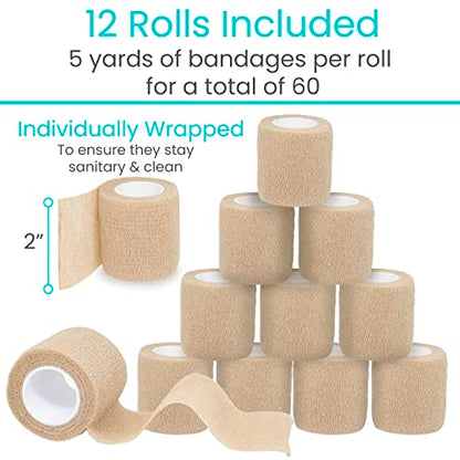 Vive Care Self Adhesive Bandage Wrap (12 Rolls) Cohesive Extra Sticking Stretch Wound Wraps - Elastic Athletic Tape for First Aid, Injuries & Sports, Arm, Leg, Ankle, Wrist, Fingers, 2" x 5yd Roll