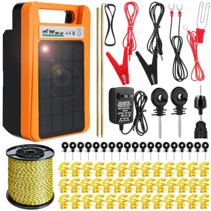 10 Miles Solar Electric Fence Kit Output 0.2 J 24/7 Day/Night Protection with Fence Charger Ground Rod Wire Insulator Rechargeable Solar Panel for Horse Cattle Cow Livestock