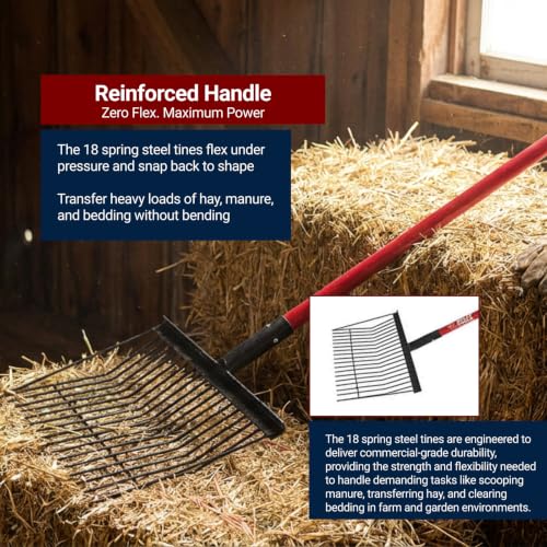 Bully Tools Stall Fork Tool - Heavy Duty 18-Spring Steel Tines Pitchfork with Long Fiberglass Handle, Ideal for Gardening, Farming, Bedding, Yard Cleaning and Transferring Hay - 100% Made in The USA
