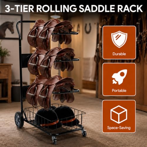 Rolling Saddle Rack Cart with Basket, 220 Lbs, 32.3*16.9*49.8 inch