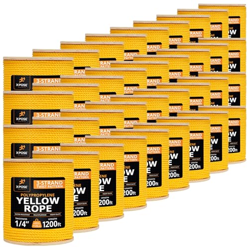 Yellow Twisted Polypropylene Rope, 1/4" Thickness x 1200' Length Heavy Duty Poly Ropes for Outdoor and Marine Use, Yellow Rope for Visibility & Safety - 36 Packs - size: 1/4" X 1200'
