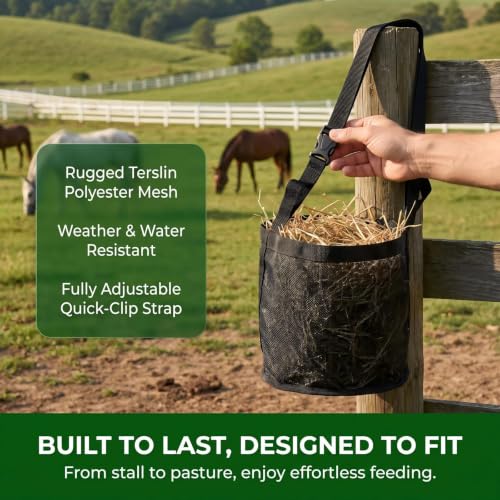 Mesh Horse Feed Bag – Portable Hay Bucket with Adjustable Strap, Durable & Breathable, Reduces Feed Waste for Trailering, Camping & Daily Use, Size L