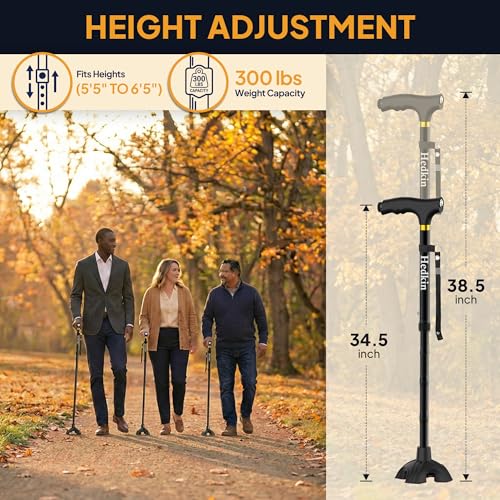 Walking Cane with LED Light, Foldable,Adjustable, Self Standing Walking Canes for Men & Women,Walking Sticks with Quad Base for Seniors & Adults - color: Black
