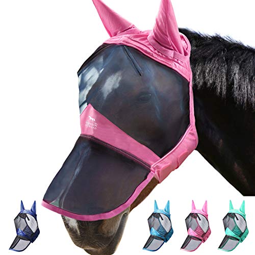 Harrison Howard CareMaster Pro Luminous Horse Fly Mask Large Eye Space Long Nose with Ears UV Protection for Horse Light Pink S Pony - color: Light Pink, size: Small (Yearling)