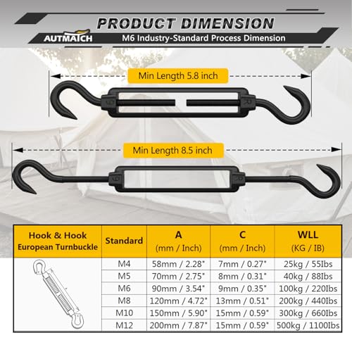 AUTMATCH M6 Hook&Hook Turnbuckle - 304 Stainless Steel Wire Rope Tensioner | Adjustable Turnbuckle for Cable Railing, Fence & Shade Sail Hardware, Wire Rope Tension Kit, 6-Pack, Black - color: Black Tone - Hook & Hook, size: M6