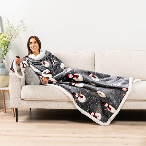 PAVILIA Sherpa Wearable Blanket with Sleeves for Adults Women Men, Soft Warm Full Body Wrap Fleece Throw, Pocket, Cozy Pullover Robe Blanket with Arm, Gifts for Christmas Mom Wife, Snowman - color: Snowman Gray