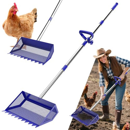 Chicken Poop Scooper Rake 2-in-1,304 Stainless Steel Shovel Head, Chicken Litter Scoop with Handle for Chicken Coop for Sand, Pet Waste Cleaning, Litter Sifting Shovel (35 to 65") (Blue, 10inch) - color: Blue