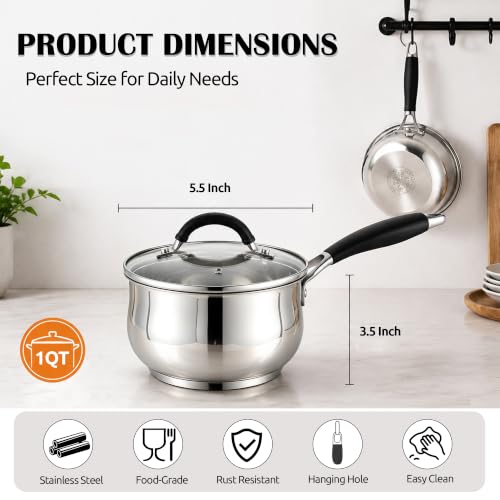 E-far 1 Quart Saucepan with Lid, Small Stainless Steel Sauce Pan for Milk - size: 1 Quarts